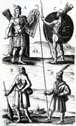 Illustrationen der Algonquin-Kleidung, Gravur aus den Reisen von Sieur de Champlain von Samuel de Champlain (ca. 1574-1635), 17. Jahrhundert